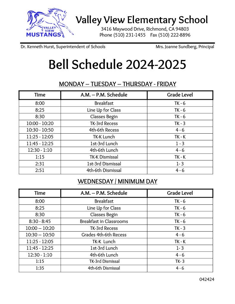 2024-2025 Bell Schedule TK-6